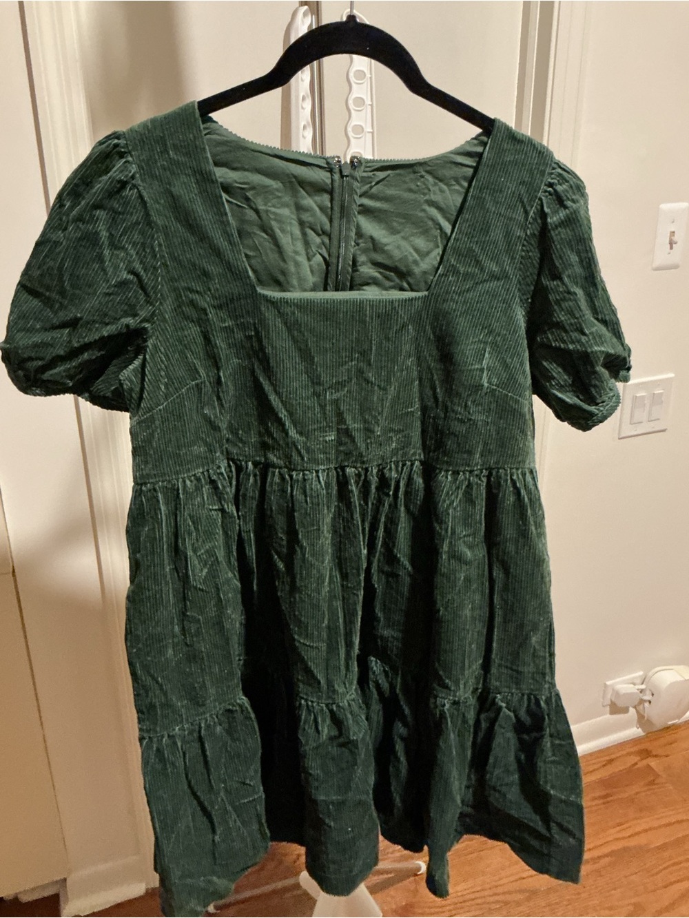 Madewell Dark Green Corduroy Square-Neck Tiered Mini Dress